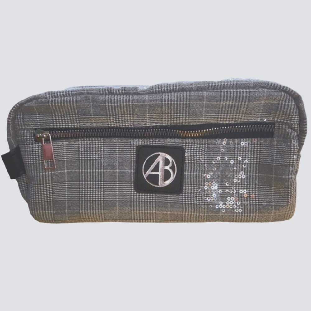 ``B25688 Gray on Gray Plaid Clear Sequins Make Up Bag